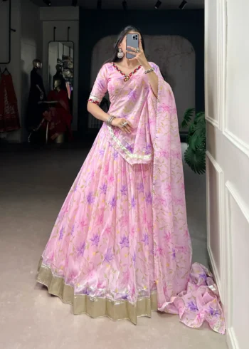 Baby Pink Floral Tabby Silk Navratri Lehenga with Mirror Work front side
