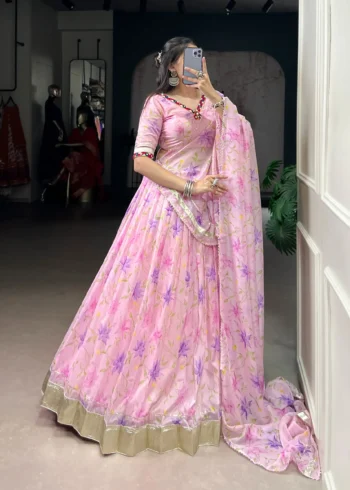 Baby Pink Floral Tabby Silk Navratri Lehenga with Mirror Work
