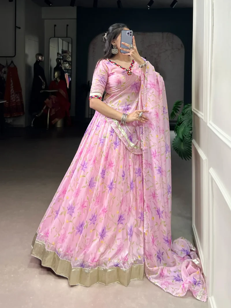 Baby Pink Floral Tabby Silk Navratri Lehenga with Mirror Work