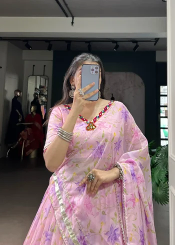 Baby Pink Floral Tabby Silk Navratri Lehenga with Mirror Work close