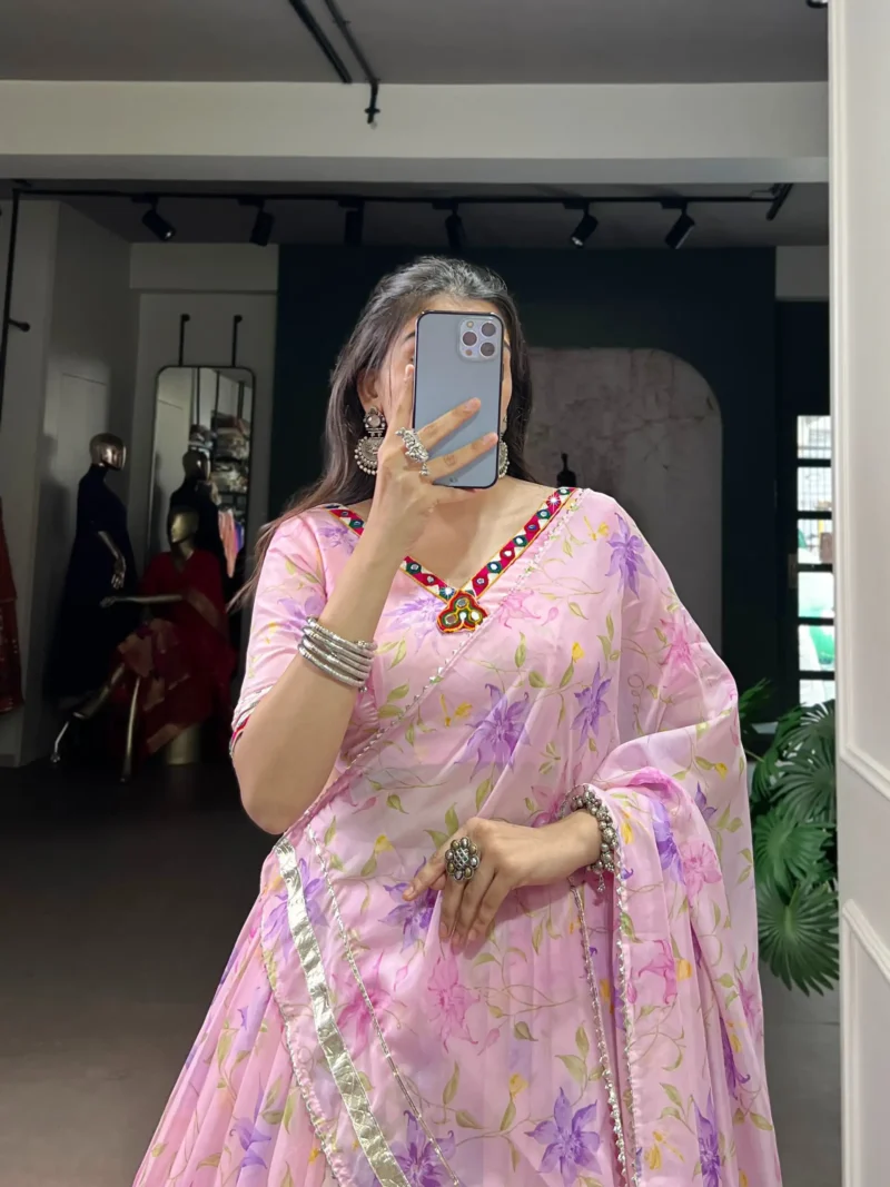 Baby Pink Floral Tabby Silk Navratri Lehenga with Mirror Work close