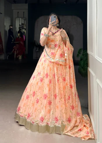 Peach Floral Tabby Silk Navratri Lehenga with Mirror Work front look