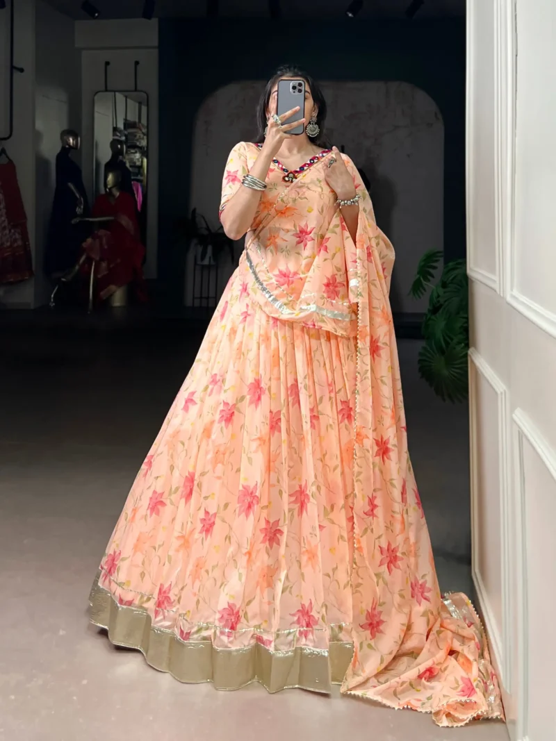 Peach Floral Tabby Silk Navratri Lehenga with Mirror Work front look