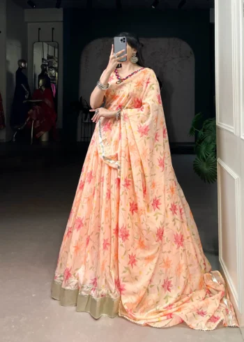 Peach Floral Tabby Silk Navratri Lehenga with Mirror Work side look