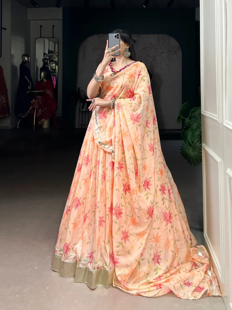Peach Floral Tabby Silk Navratri Lehenga with Mirror Work side look