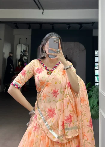 Peach Floral Tabby Silk Navratri Lehenga with Mirror Work close look