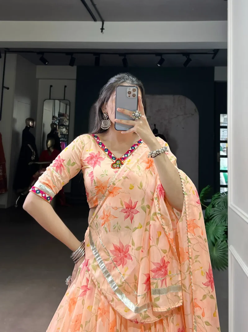 Peach Floral Tabby Silk Navratri Lehenga with Mirror Work close look