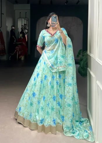 Pista Floral Tabby Silk Navratri Lehenga with Mirror Work front look