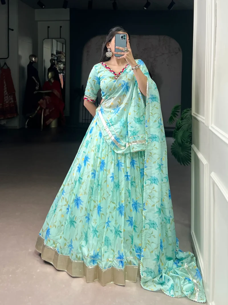 Pista Floral Tabby Silk Navratri Lehenga with Mirror Work front look