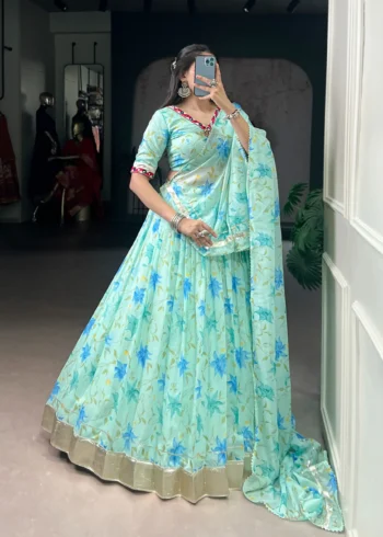 Pista Floral Tabby Silk Navratri Lehenga with Mirror Work