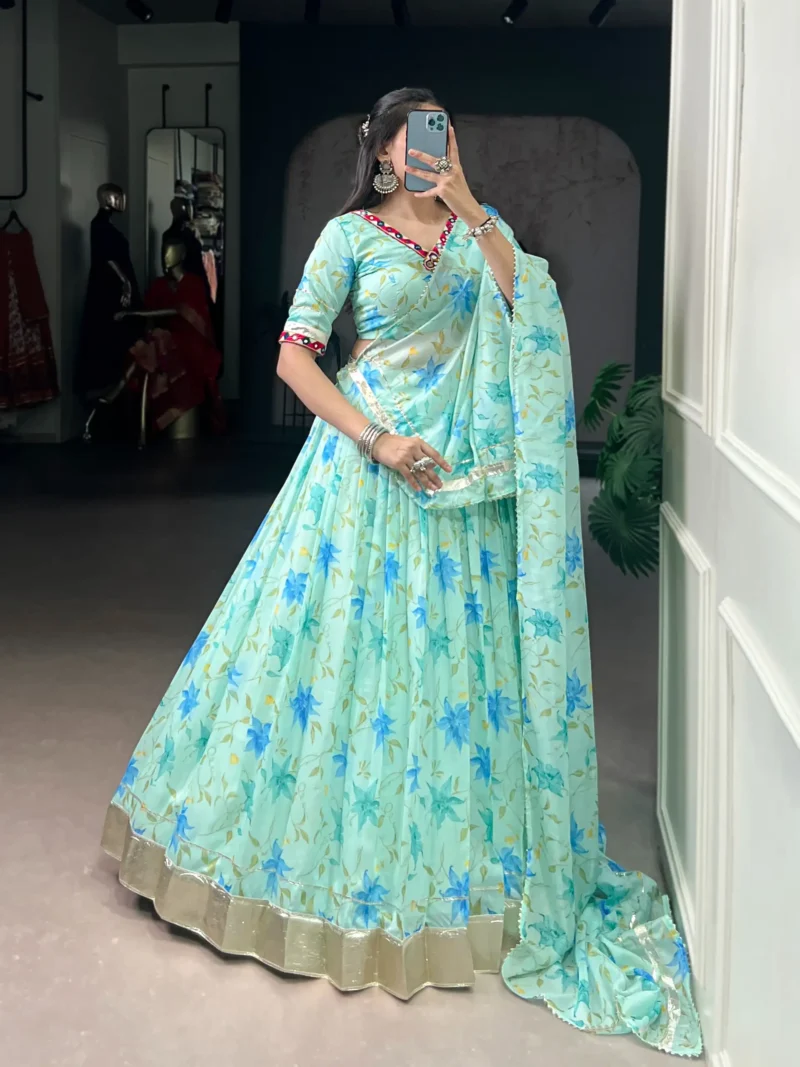 Pista Floral Tabby Silk Navratri Lehenga with Mirror Work