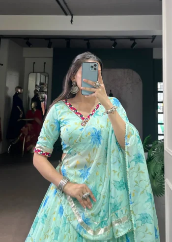 Pista Floral Tabby Silk Navratri Lehenga with Mirror Work close look