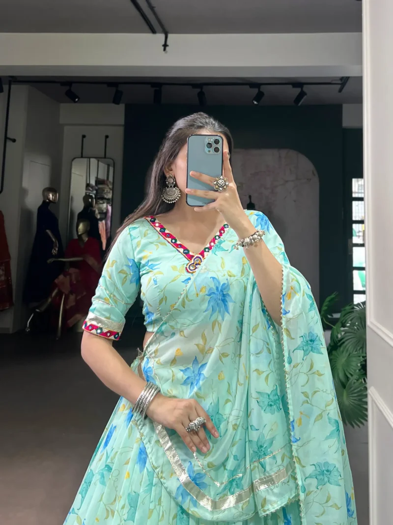 Pista Floral Tabby Silk Navratri Lehenga with Mirror Work close look