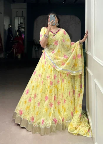 Yellow Floral Tabby Silk Navratri Lehenga with Mirror Work