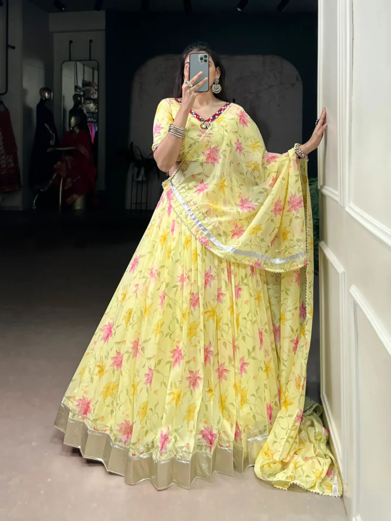 Yellow Floral Tabby Silk Navratri Lehenga with Mirror Work