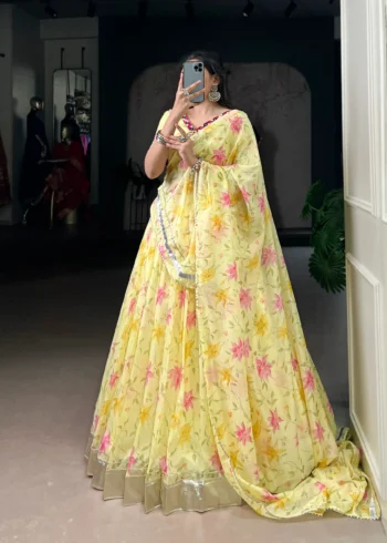 Yellow Floral Tabby Silk Navratri Lehenga with Mirror Work front look