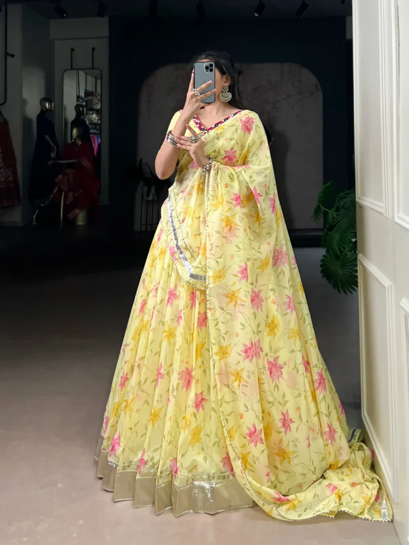 Yellow Floral Tabby Silk Navratri Lehenga with Mirror Work front look