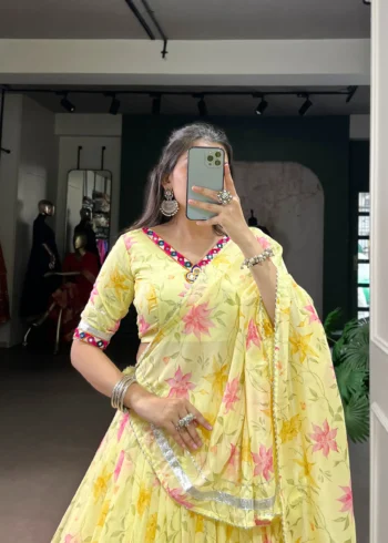 Yellow Floral Tabby Silk Navratri Lehenga with Mirror Work close look