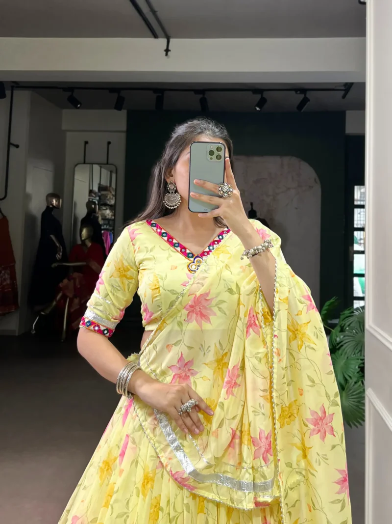 Yellow Floral Tabby Silk Navratri Lehenga with Mirror Work close look