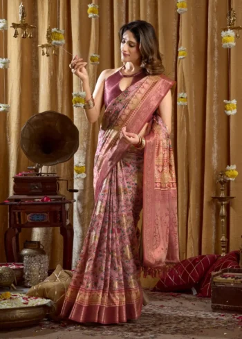 Baby Pink Digital Cluster Printed Saree With banarasi border & Tassels front look