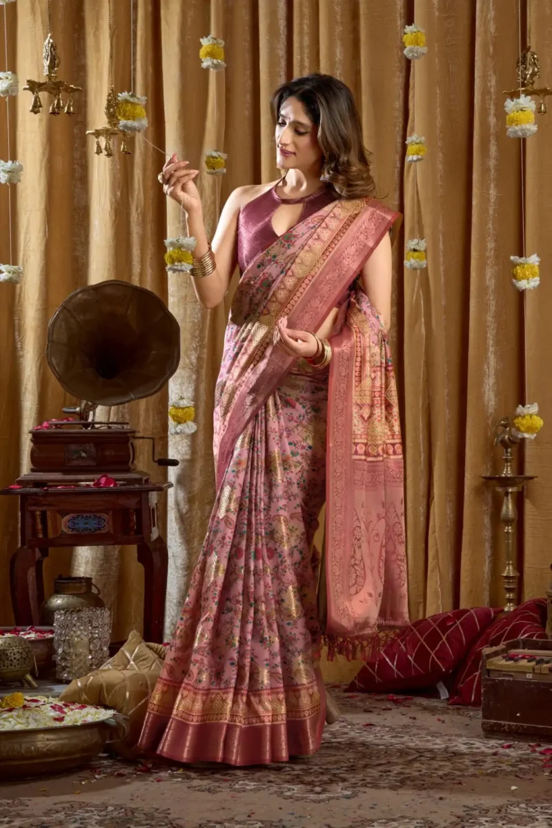 Baby Pink Digital Cluster Printed Saree With banarasi border & Tassels front look