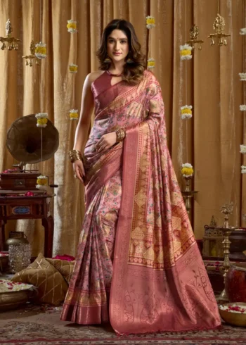 Baby Pink Digital Cluster Printed Saree With banarasi border & Tassels front design