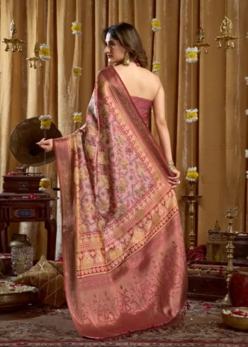 Baby Pink Digital Cluster Printed Saree With banarasi border & Tassels back side