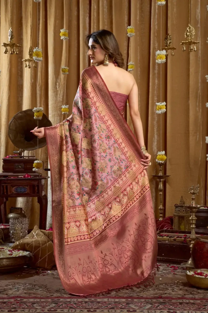 Baby Pink Digital Cluster Printed Saree With banarasi border & Tassels back side