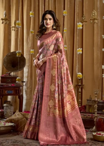 Baby Pink Digital Cluster Printed Saree With banarasi border & Tassels side look