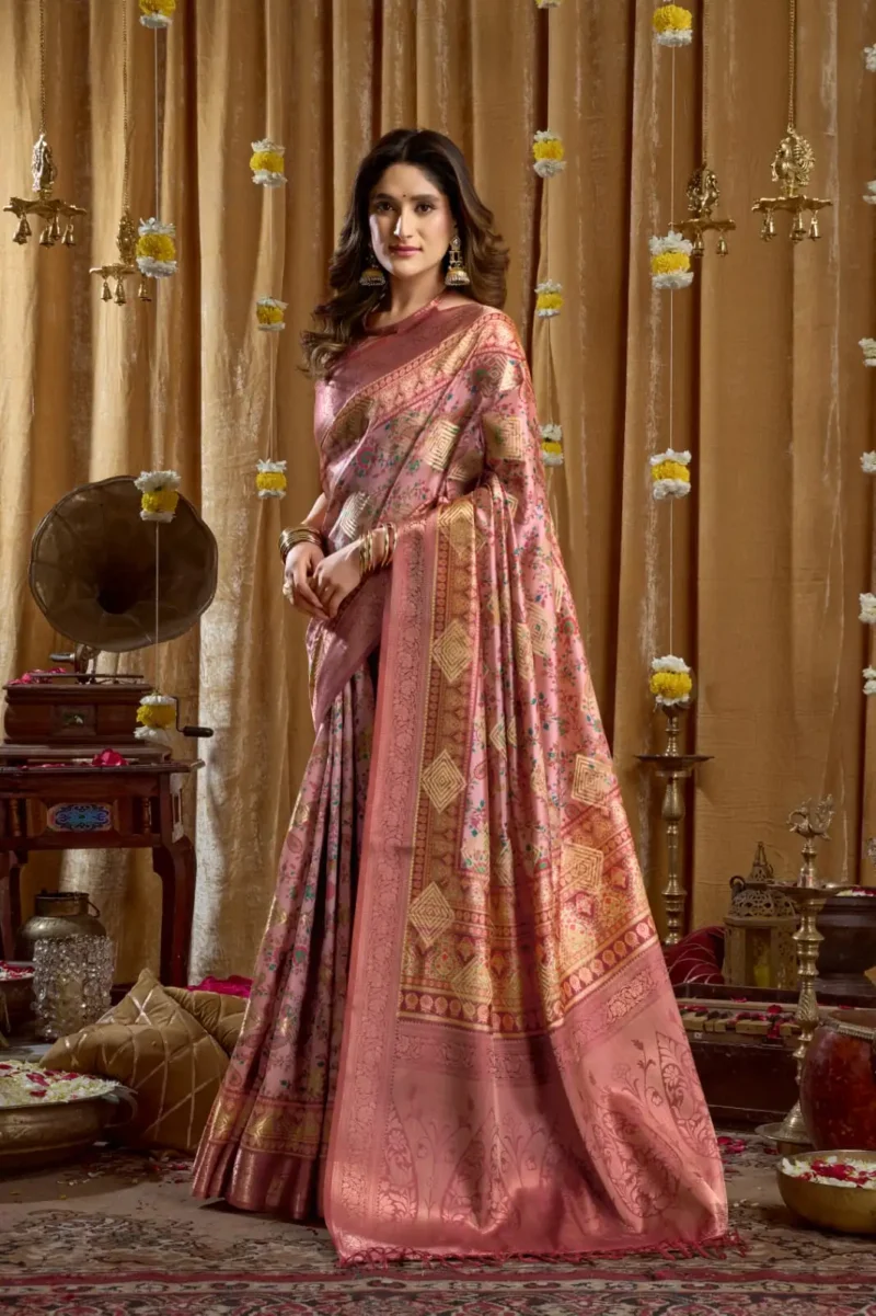 Baby Pink Digital Cluster Printed Saree With banarasi border & Tassels side look