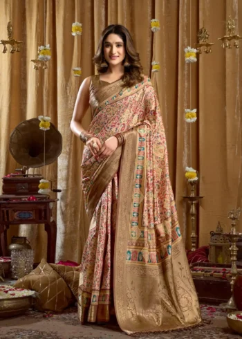 Chiku Digital Cluster Printed Saree With banarasi border & Tassels front look