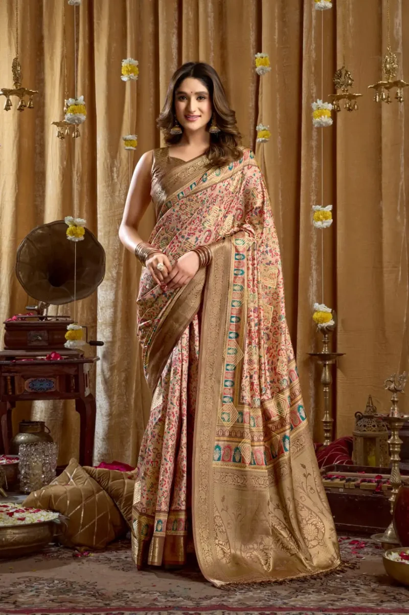 Chiku Digital Cluster Printed Saree With banarasi border & Tassels front look