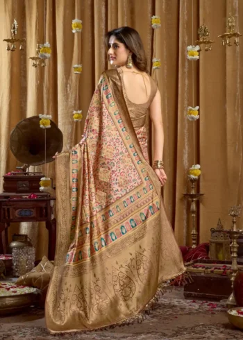 Chiku Digital Cluster Printed Saree With banarasi border & Tassels back design