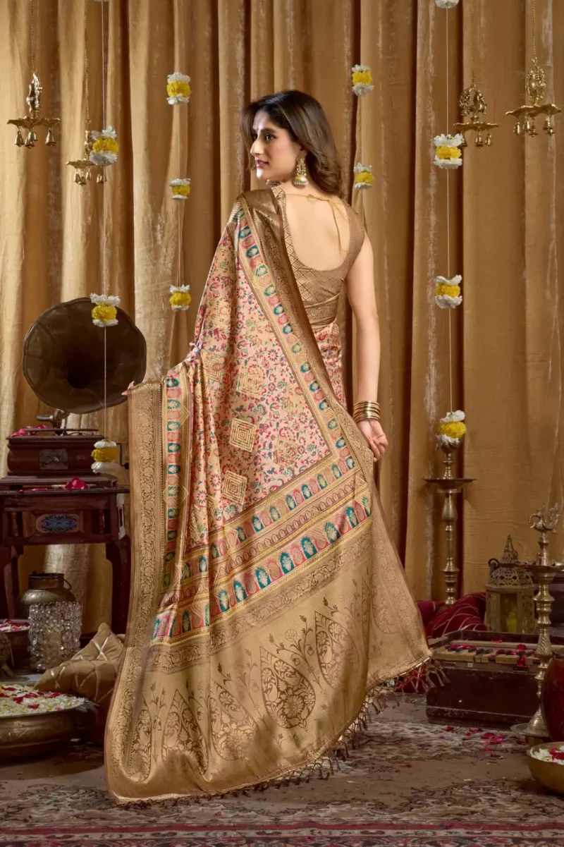 Chiku Digital Cluster Printed Saree With banarasi border & Tassels back design