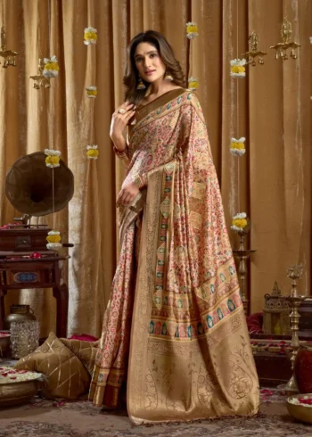 Chiku Digital Cluster Printed Saree With banarasi border & Tassels side look