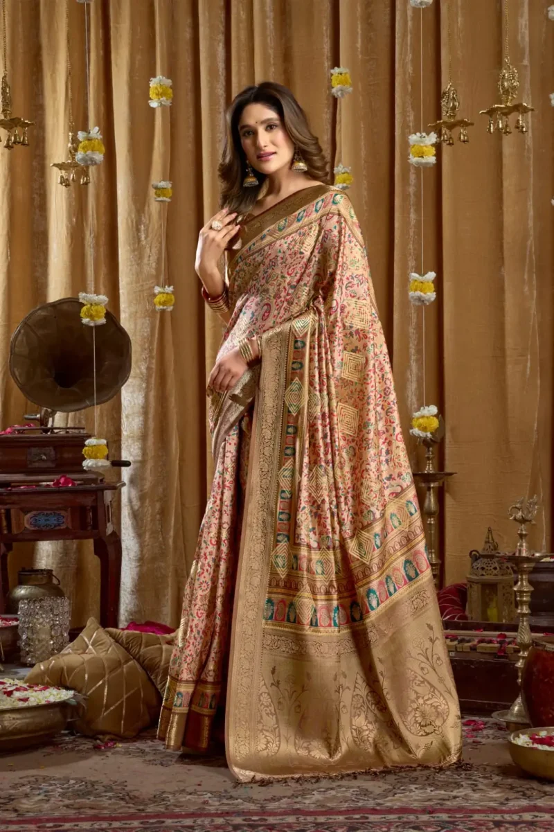 Chiku Digital Cluster Printed Saree With banarasi border & Tassels side look