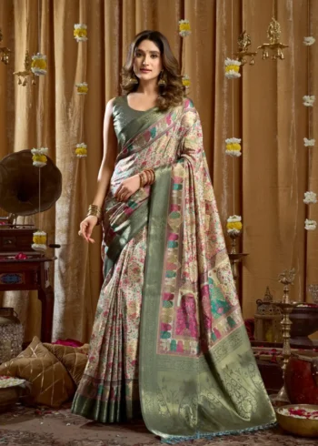 Green Digital Cluster Printed Saree With banarasi border & Tassels front look
