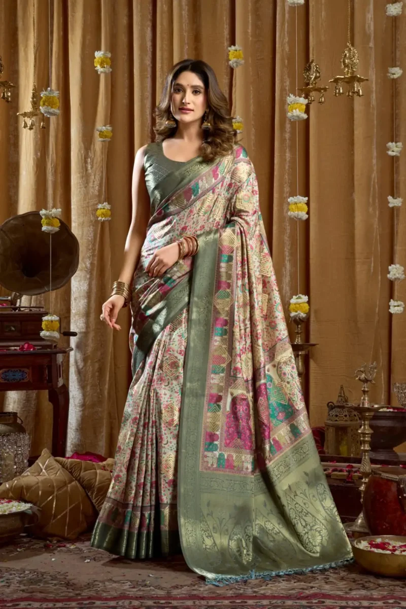 Green Digital Cluster Printed Saree With banarasi border & Tassels front look