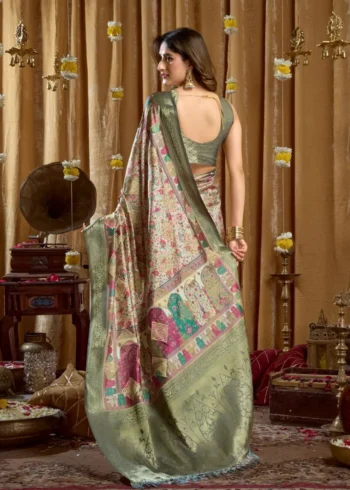 Green Digital Cluster Printed Saree With banarasi border & Tassels back side design