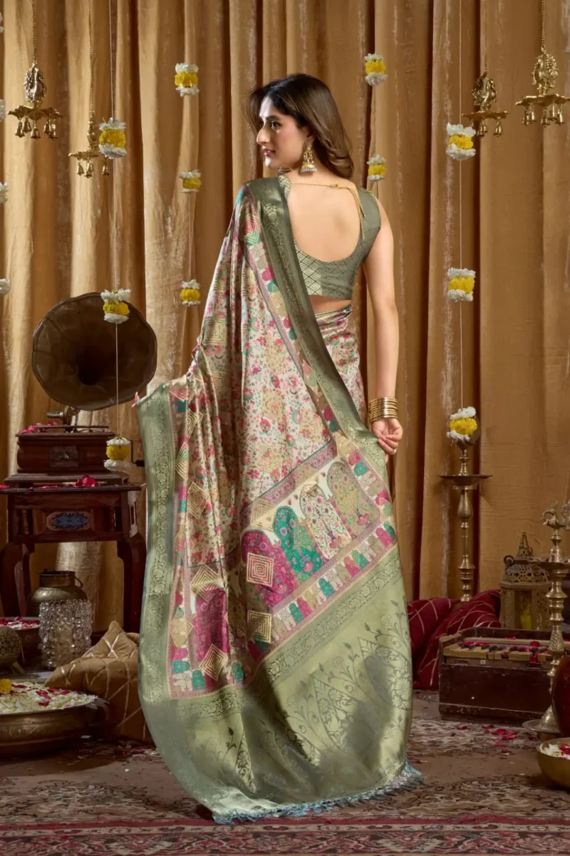 Green Digital Cluster Printed Saree With banarasi border & Tassels back side design