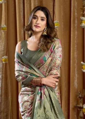Green Digital Cluster Printed Saree With banarasi border & Tassels close look