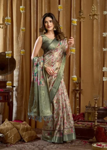 Green Digital Cluster Printed Saree With banarasi border & Tassels