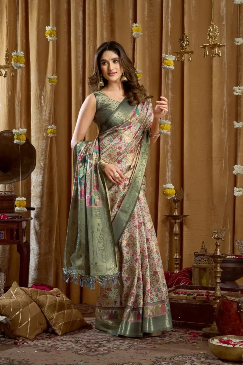 Green Digital Cluster Printed Saree With banarasi border & Tassels