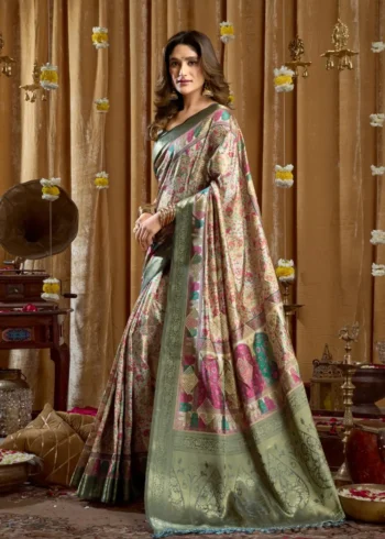Green Digital Cluster Printed Saree With banarasi border & Tassels side look