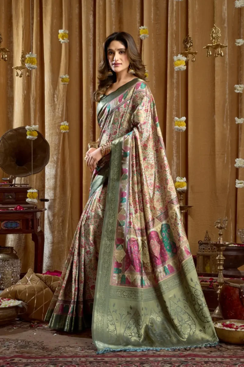 Green Digital Cluster Printed Saree With banarasi border & Tassels side look