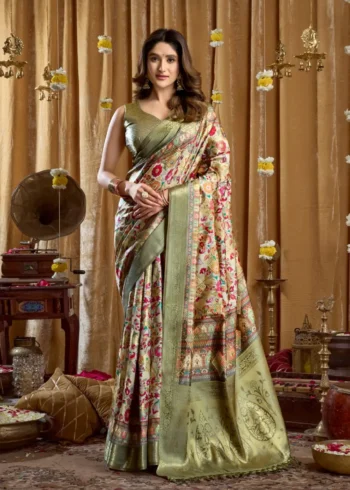 Grey Digital Cluster Printed Saree With banarasi border & Tassels front look