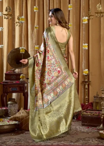 Grey Digital Cluster Printed Saree With banarasi border & Tassels back side