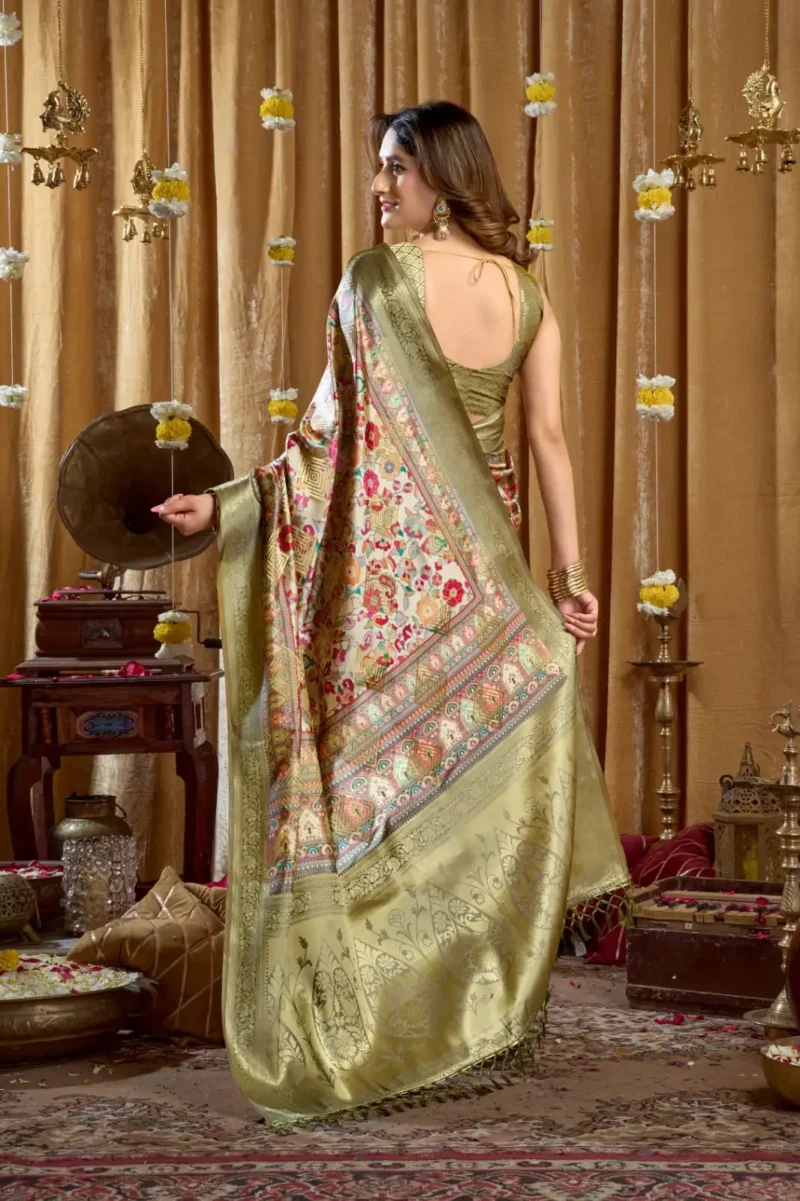 Grey Digital Cluster Printed Saree With banarasi border & Tassels back side