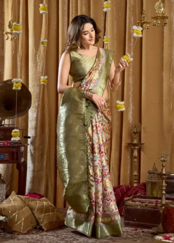Grey Digital Cluster Printed Saree With banarasi border & Tassels front look
