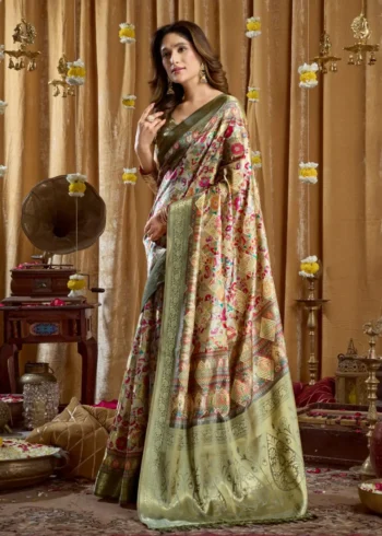 Grey Digital Cluster Printed Saree With banarasi border & Tassels side look